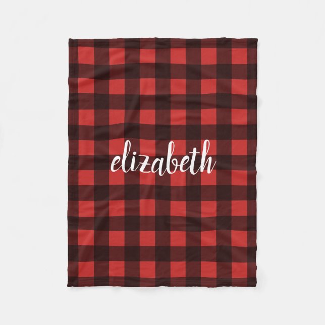 Monogram Red Black Buffalo Plaid Custom Name Fleece Blanket (Front)