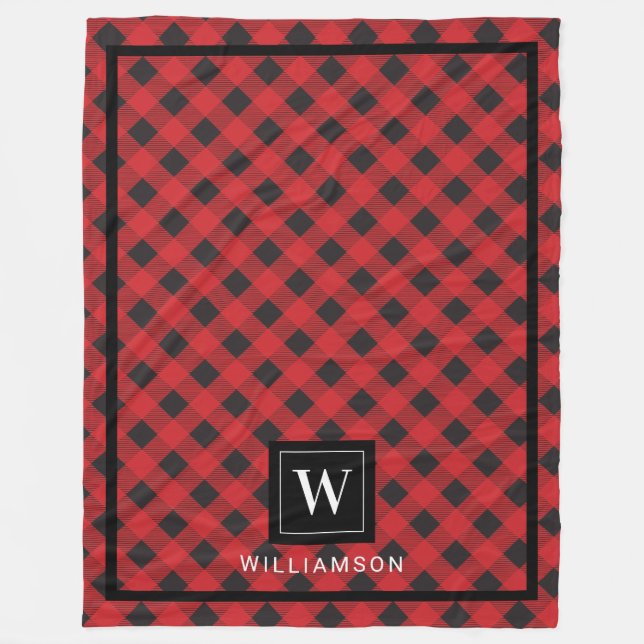 Monogram Red Black Buffalo Plaid Fleece Blanket (Front)