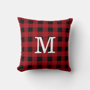 Monogram Red Black Buffalo Plaid Rustic Cabin Throw Pillow
