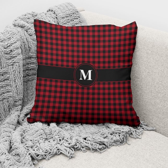 Monogram Red & Black Gingham Plaid Checks Pattern Throw Pillow (Creator Uploaded)