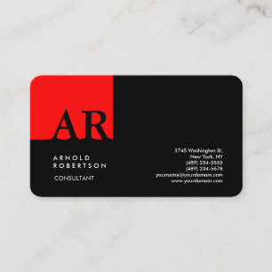 Monogram Red Black Modern Linen Business Card