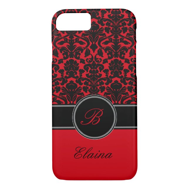 Monogram Red, Black, White Damask iPhone 7 Case (Back)