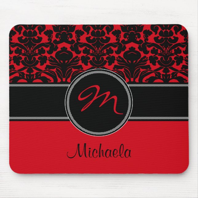 Monogram Red Black White Damask Mousepad (Front)