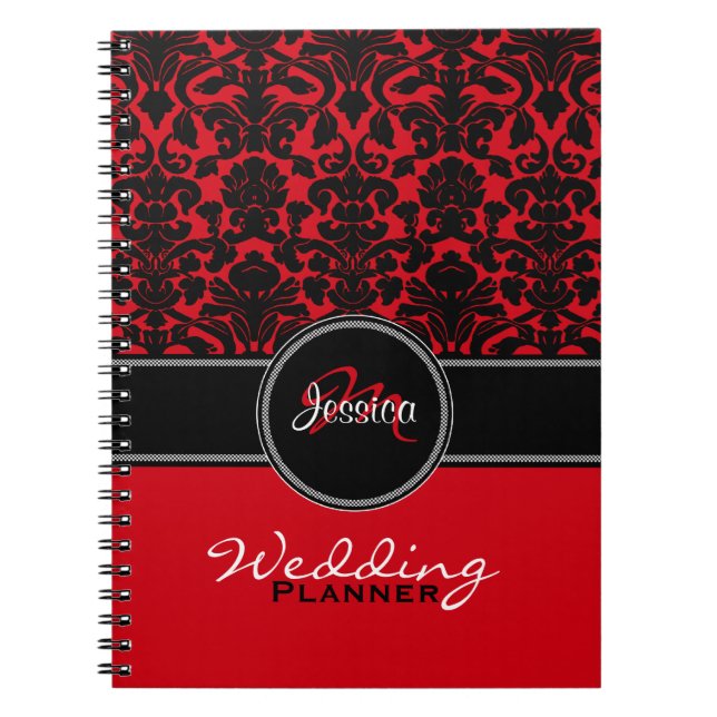 Monogram Red Black White Damask Wedding Planner Notebook (Front)