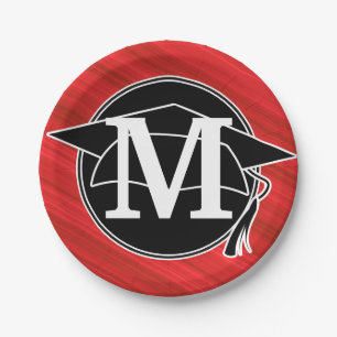 Monogram Red Black White Graduation Cap Paper Plate
