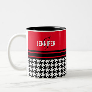 Monogram red black white houndstooth custom name Two-Tone coffee mug