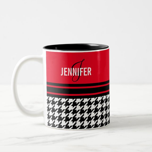 Monogram red black white houndstooth custom name Two-Tone coffee mug (Left)