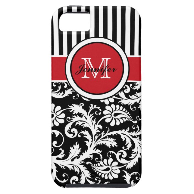 Monogram Red Black White Striped Damask Case-Mate iPhone Case (Back)
