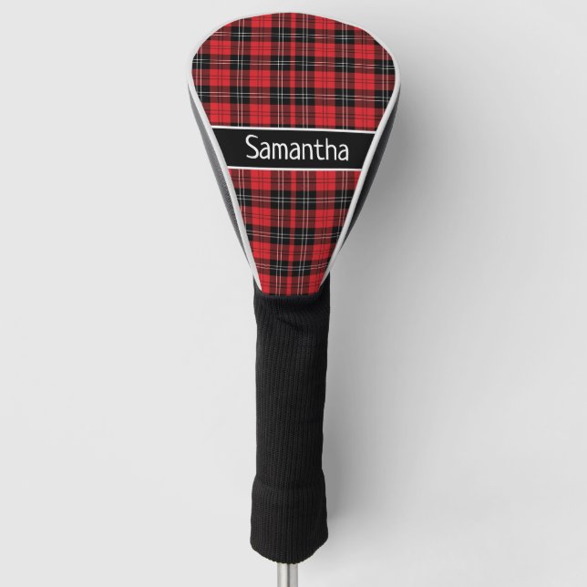 Monogram Red Black White Tartan Buffalo Plaid  Golf Head Cover (Front)