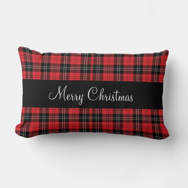 Monogram Red Black White Tartan Buffalo Plaid Lumbar Pillow (Front)