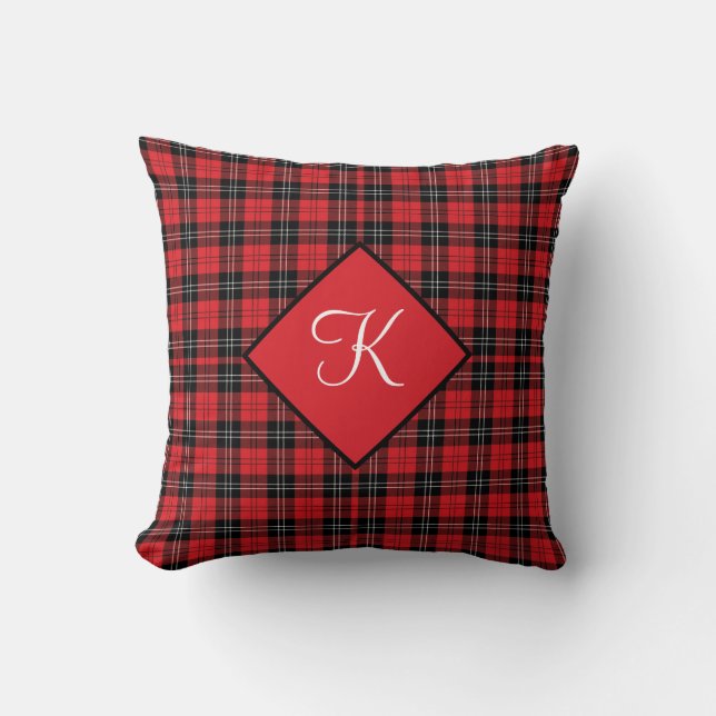 Monogram Red Black White Tartan Buffalo Plaid  Throw Pillow (Front)