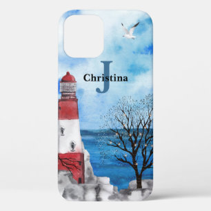 Monogram Red & Blue Lighthouse Watercolor Art iPhone 12 Case