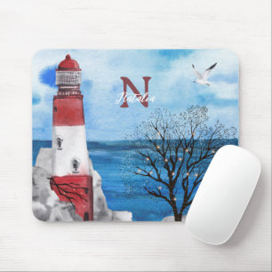 Monogram Red & Blue Lighthouse Watercolor Art Mouse Pad