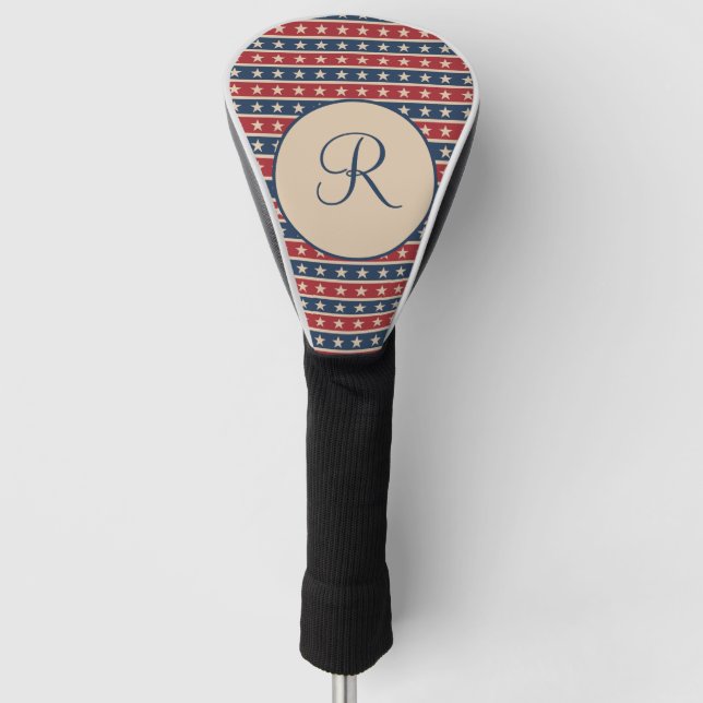 Monogram Red Blue Tan Stars Strips Patriotic  Golf Head Cover (Front)