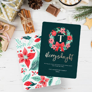 Monogram Red Bow Wreath Green Christmas  Foil Holiday Card