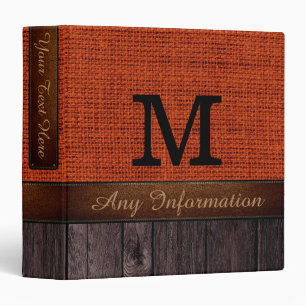 Monogram Red Brown Burlap Rustic Jute Look Wood Binder