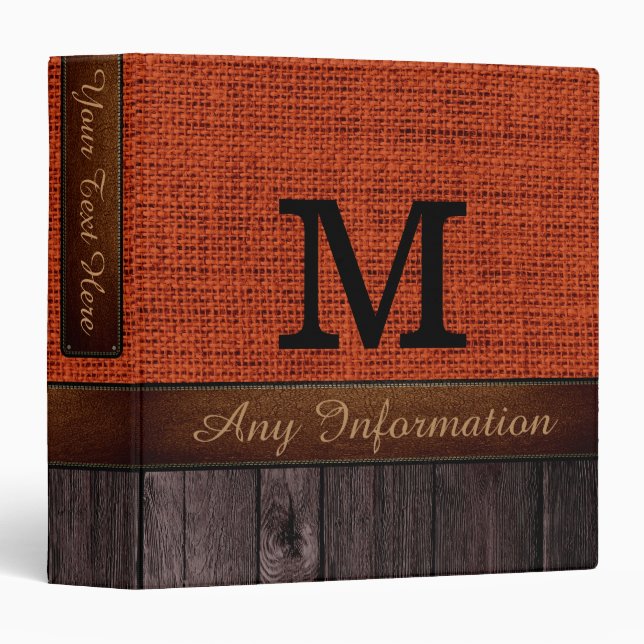 Monogram Red Brown Burlap Rustic Jute Look Wood Binder (Front/Spine)