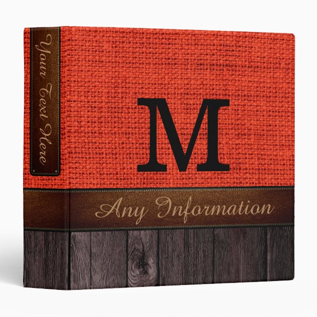 Monogram Red Brown Burlap Rustic Jute Look Wood Binder (Front/Spine)