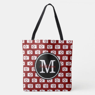 Monogram Red Camera Pattern & Custom Name Tote Bag