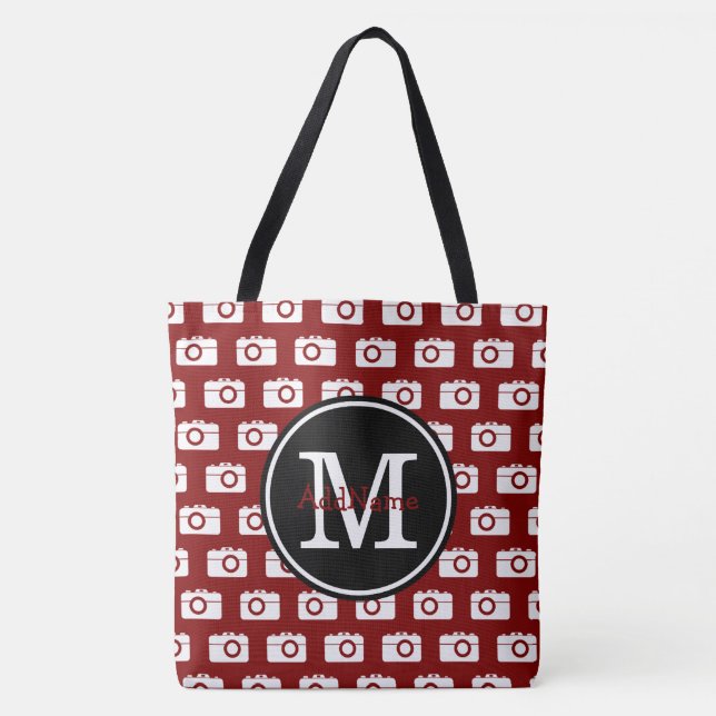Monogram Red Camera Pattern & Custom Name Tote Bag (Front)