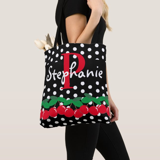 Monogram Red Cherries White Polka Dots Retro Tote Bag (Close Up)