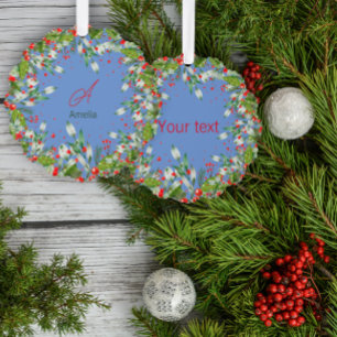 Monogram  Red Christmas blue Classic Round Ornament Card