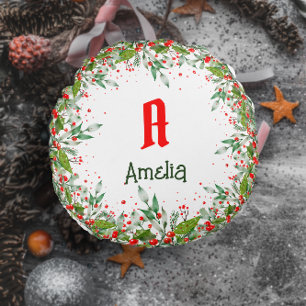 Monogram Red Christmas Greenery name Round Pillow