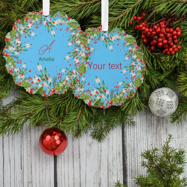 Monogram  Red Christmas sky blue Classic Round Ornament Card (Creator Uploaded)