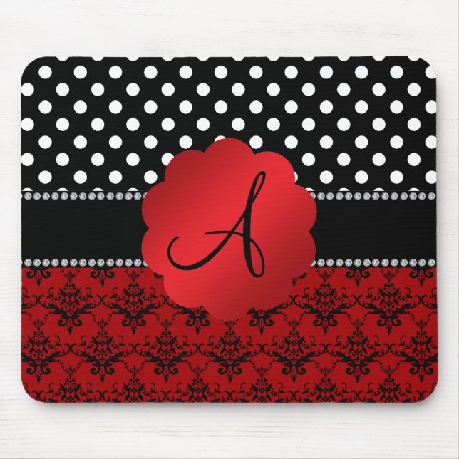 Monogram red damask black polka dots mouse pad (Front)