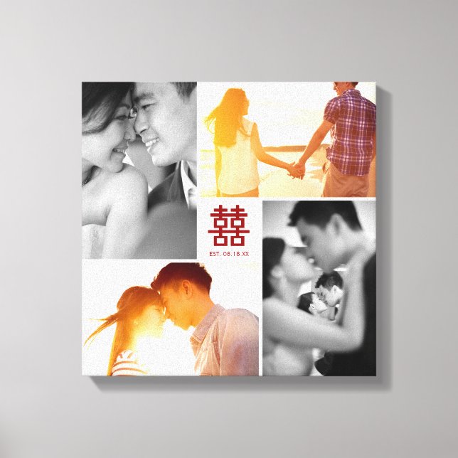 Monogram Red Double Happiness Photo Collage Canvas Print (Front)
