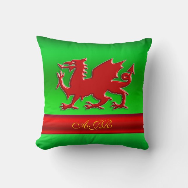 Monogram, Red Dragon on green metallic-effect Throw Pillow (Front)