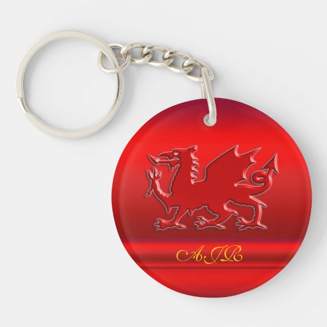 Monogram, Red Dragon on red metallic-effect Keychain (Front)
