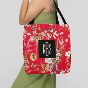 Monogram, Red Fine Art Florals Shoulder Tote  Bag