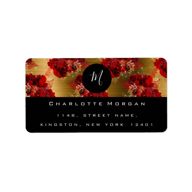 Monogram Red Flower Roses Sparkly Gold RSVP Label (Front)