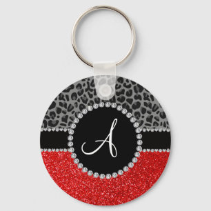 Monogram red glitter black leopard keychain