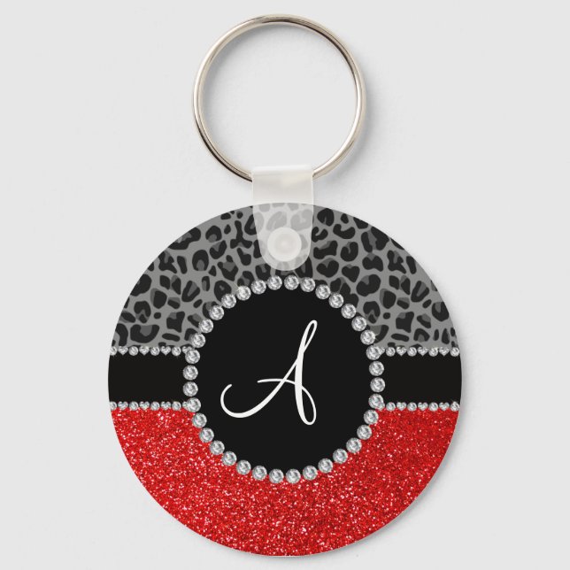 Monogram red glitter black leopard keychain (Front)