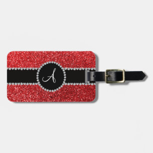 Monogram red glitter diamond black circle luggage tag