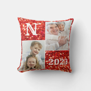 Monogram Red Glitter Photo Christmas Holiday Throw Pillow