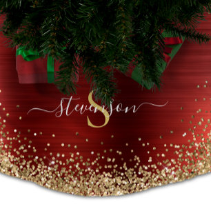 Monogram Red Gold Glitter Girly Glam Brushed Polyester Tree Skirt
