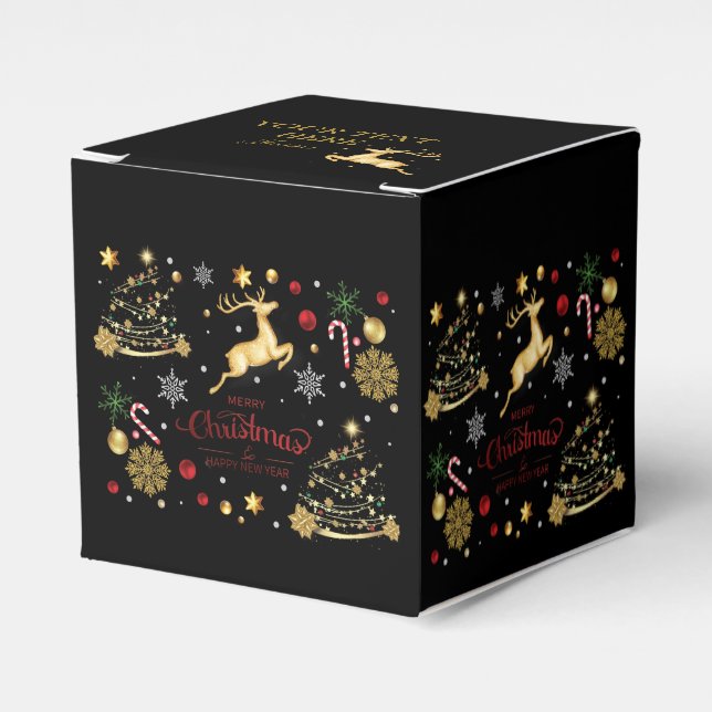 monogram Red Gold Reindeer Merry Christmas Tree  Favor Box (Front Side)
