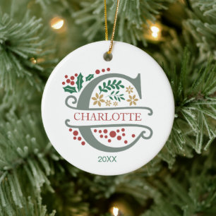 Monogram Red, Green, and Gold Letter “C” with Name Ceramic Ornament