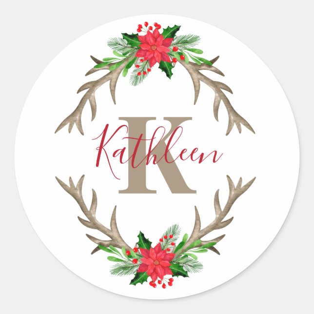 Monogram Red Green Christmas Floral Antlers Classic Round Sticker (Front)