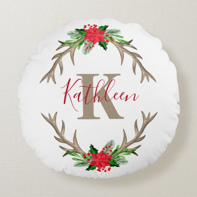 Monogram Red Green Christmas Floral Antlers  Round Pillow (Front)