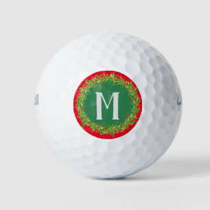 Monogram Red & Green Christmas Holiday Wreath Golf Balls