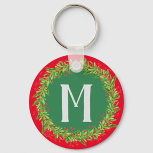 Monogram Red & Green Christmas Wreath Keychain