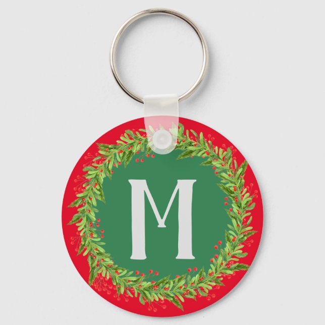 Monogram Red & Green Christmas Wreath Keychain (Front)