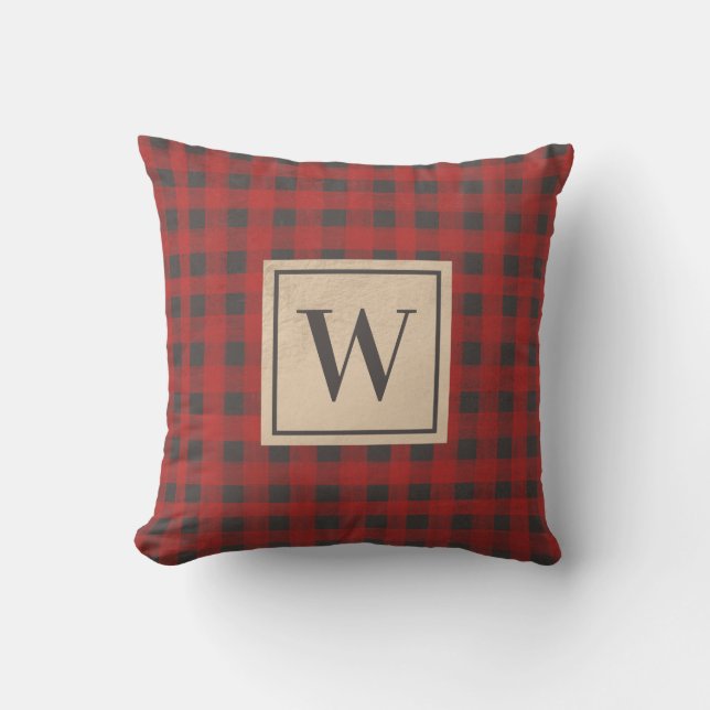 Monogram Red Grey Buffalo Plaid Throw Pillow (Front)
