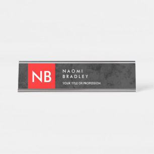 Monogram Red Grey Pattern Modern Desk Name Plate