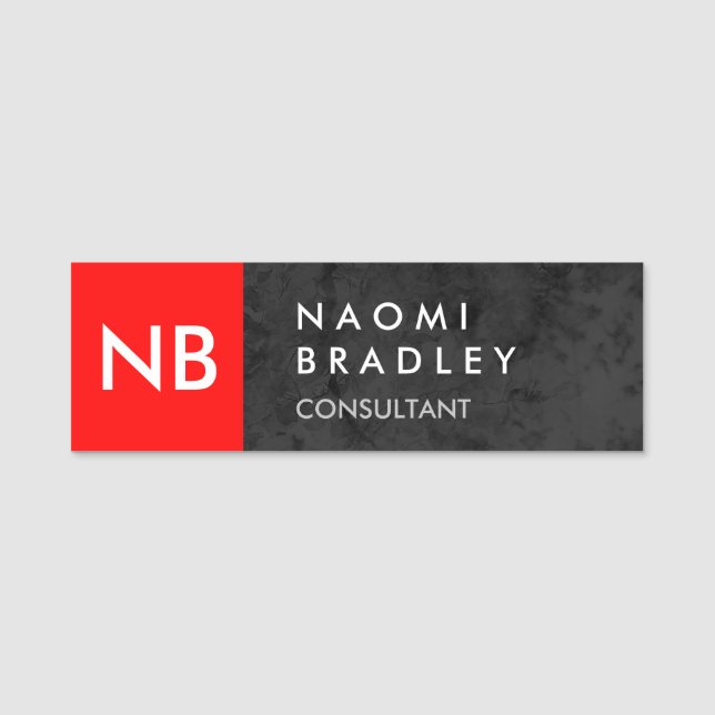 Monogram Red Grey Pattern Modern Name Tag (Front)