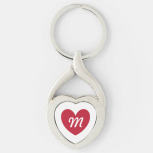 Monogram red heart on white keychain